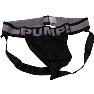 PUMP! Mens Black Mesh Jockstrap Athletic Underwear Gray Logo Waistband Small